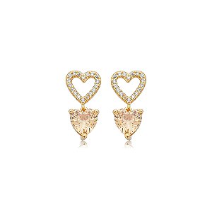 Brinco de coração cravejado de zircônia citrino e cristal banho em ouro 18k