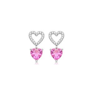 Brinco de coração cravejado de zircônia pink e cristal banho em ródio branco