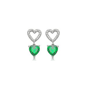 Brinco de coração cravejado de zircônia esmeralda e cristal banho em ródio branco