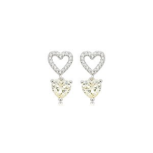 Brinco de coração cravejado de zircônia yellow fancy e cristal banho em ródio branco