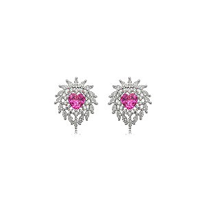 Brinco de coração cravejado de zircônia pink e cristal banho em ródio branco