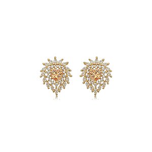 Brinco de coração cravejado de zircônia citrino e cristal banho em ouro 18k