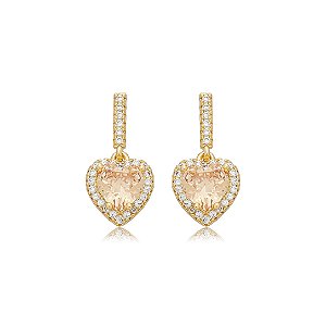 Brinco de coração cravejado de zircônia citrino e cristal banho em ouro 18k