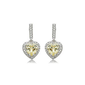 Brinco de coração cravejado de zircônia yellow fancy e cristal banho em ródio branco