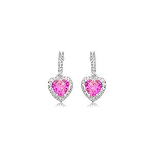 Brinco de coração cravejado de zircônia pink e cristal banho em ródio branco