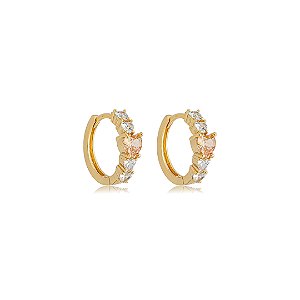 Brinco argola de coração cravejado de zircônia citrino e cristal banho em ouro 18k