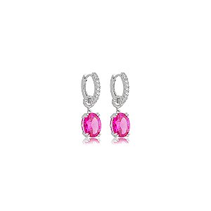Brinco argola cravejado de zircônia pink e cristal banho em ródio branco
