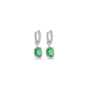 Brinco argola cravejado de zircônia esmeralda e cristal banho em ródio branco