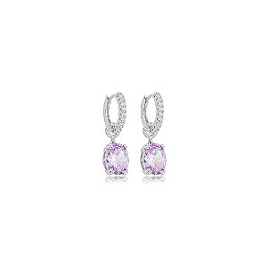 Brinco argola cravejado de zircônia tanzanita e cristal banho em ródio branco