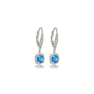 Brinco argola cravejado de zircônia safira e cristal banho em ródio branco