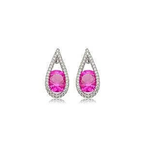 Brinco gota cravejado de zircônia pink e cristal banho em ródio branco
