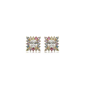 Brinco de base cravejado de zircônia rainbow banho em ouro 18k
