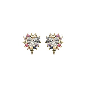 Brinco de base cravejado de zircônia rainbow banho em ouro 18k