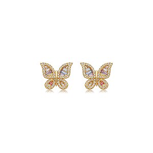 Brinco de borboleta cravejado de zircônia rainbow banho em ouro 18k