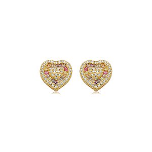 Brinco de coração cravejado de zircônia rainbow banho em ouro 18k