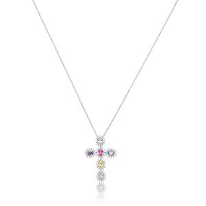 Colar com pingente cravejado de zircônia rainbow banho em ródio branco
