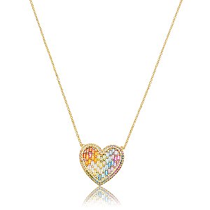 Colar com pingente cravejado de zircônia rainbow banho em ouro 18k