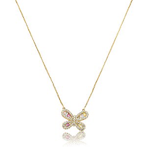 Colar com pingente cravejado de zircônia rainbow banho em ouro 18k