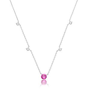 Colar com pingente cravejado de zircônia pink e cristal banho em ródio branco