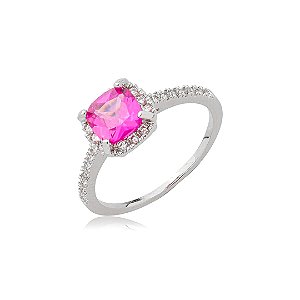 Anel cravejado de zircônia pink e cristal banho em ródio branco