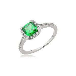Anel cravejado de zircônia esmeralda e cristal banho em ródio branco