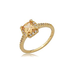 Anel cravejado de zircônia citrino e cristal banho em ouro 18k