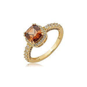 Anel cravejado de zircônia granada e cristal banho em ouro 18k