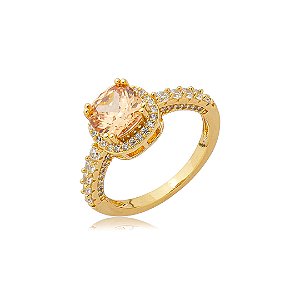 Anel cravejado de zircônia citrino e cristal banho em ouro 18k