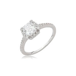 Anel cravejado de zircônia cristal banho em ródio branco