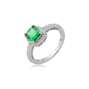 Anel cravejado de zircônia esmeralda e cristal banho em ródio branco