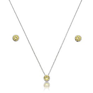 Conjunto de brinco e colar cravejado de zircônia yellow fancy banho de ródio branco