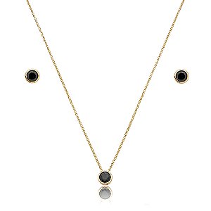 Conjunto de brinco e colar cravejado de zircônia ônix banho de ouro 18k