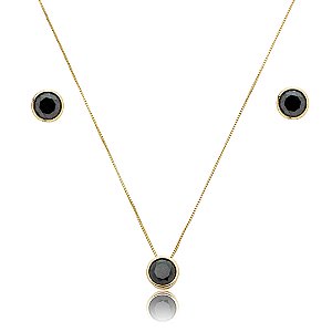 Conjunto de brinco e colar cravejado de zircônia ônix banho de ouro 18k