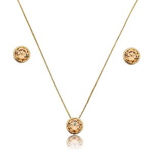 Conjunto de brinco e colar cravejado de zircônia citrino banho de ouro 18k
