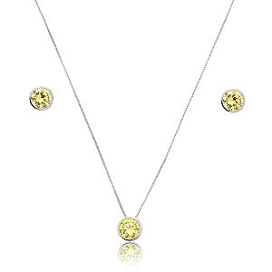 Conjunto de brinco e colar cravejado de zircônia yellow fancy banho de ródio branco