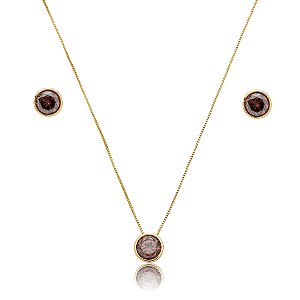 Conjunto de brinco e colar cravejado de zircônia granada banho de ouro 18k