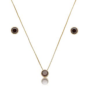 Conjunto de brinco e colar cravejado de zircônia granada banho de ouro 18k