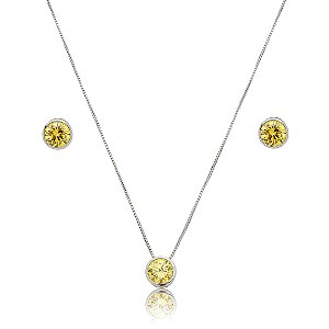 Conjunto de brinco e colar cravejado de zircônia yellow fancy banho de ródio branco