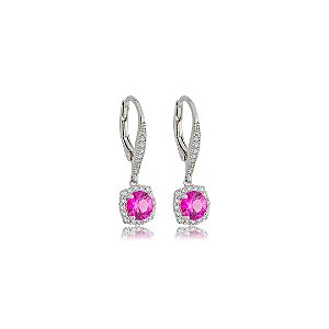 Brinco argola cravejado de zircônia pink e cristal banho em ródio branco