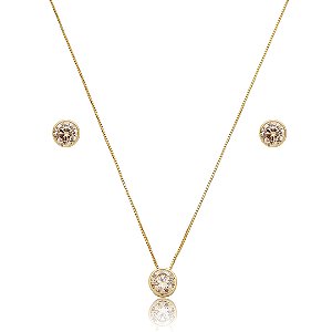 Conjunto de brinco e colar cravejado de zircônia citrino banho de ouro 18k