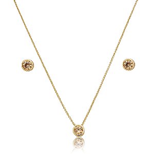 Conjunto de brinco e colar cravejado de zircônia citrino banho de ouro 18k