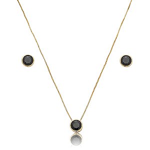 Conjunto de brinco e colar cravejado de zircônia Ônix banho de ouro 18k