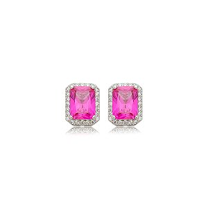 Brinco de base cravejado de zircônia pink e cristal banho em ródio branco