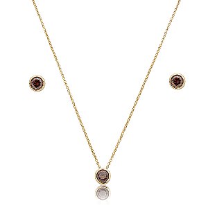 Conjunto de brinco e colar cravejado de zircônia granada banho de ouro 18k