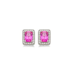 Brinco de base cravejado de zircônia pink e cristal banho em ródio branco