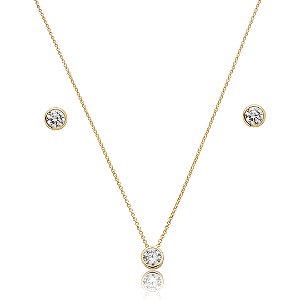 Conjunto de brinco e colar cravejado de zircônia cristal banho de ouro 18k