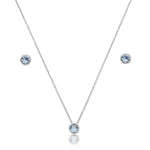 Conjunto de brinco e colar cravejado de zircônia acqua banho de ródio branco