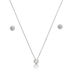 Conjunto de brinco e colar cravejado de zircônia cristal banho de ródio branco