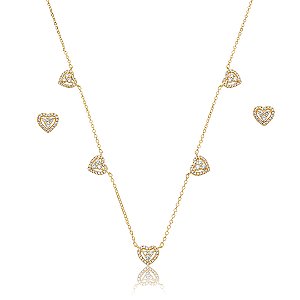 Conjunto de brinco e colar coração de zircônia cristal banho de ouro 18k