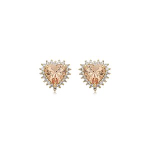 Brinco de coração cravejado de zircônia citrino e cristal banho em ouro 18k